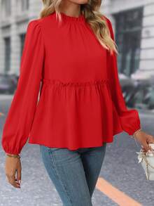 Chiquease 褶邊燈籠袖荷葉邊下擺襯衫 - 紅色 - 查看 6