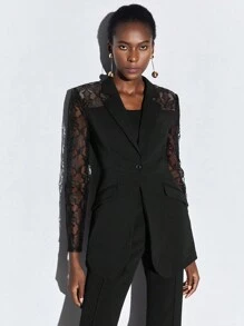 BizChic 蕾絲花邊單釦西裝外套 - 黑色 - 查看 3