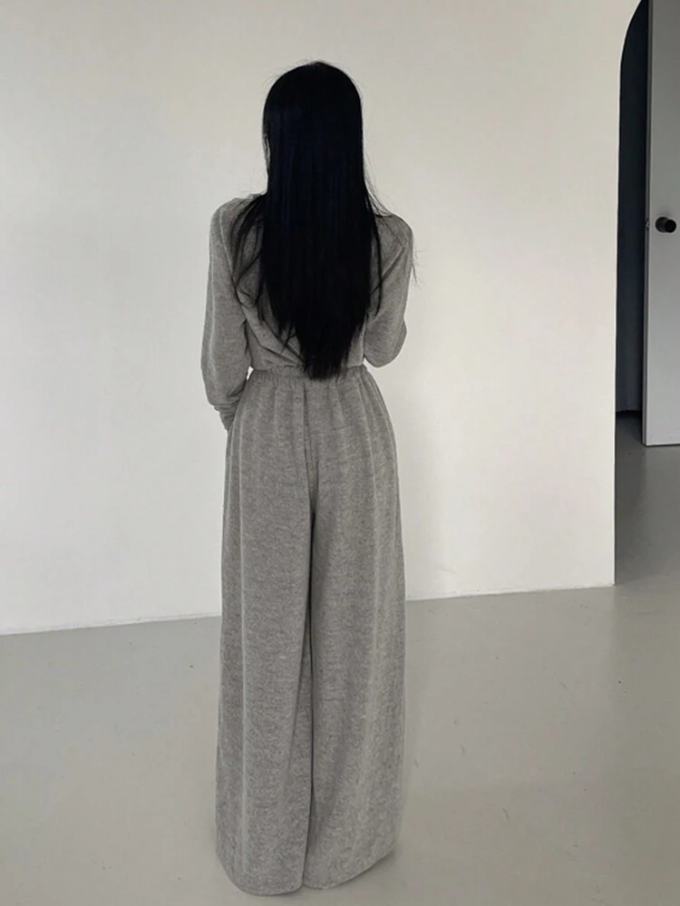 Solid Cowl Neck Tee & Drawstring Waist Wide Leg Pants, Women Two Pieces Sets Lounge Sets For Women