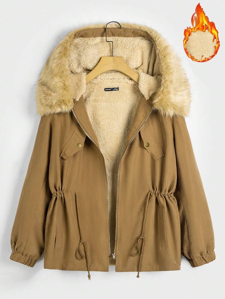 Oversized Men Drawstring Waist Fuzzy Trim Hooded Thermal Parka Coat, For Fall Winter