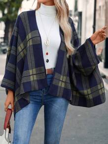EMERY ROSE Plaid Pattern Batwing Sleeve Open Front Cape Cardigan - Multicolor - View 1