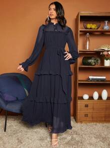 SHEIN VCAY Ruffle Trim Belted Ruffle Hem Dress - Navy Blue - View 5