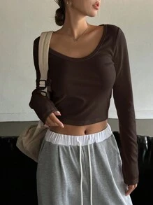 DAZY 纯色圆领短款 T 恤，秋季服装长袖女式上衣 - 咖啡棕 - 查看 3