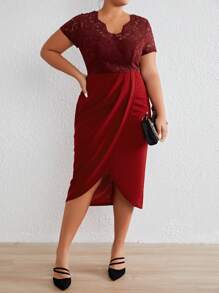 SHEIN Frenchy Plus Contrast Lace Wrap Hem Dress - Burgundy - View 5