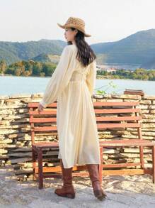 DAZY Vestido de manga farol con diseño de jacquard y unicolor, vestido casual para mujeres