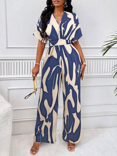 SOLERSUN Allover Print Batwing Sleeve Belted Jumpsuit