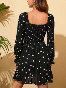 Soleia Floral Print Ruffle Hem Dress - Black - View 2