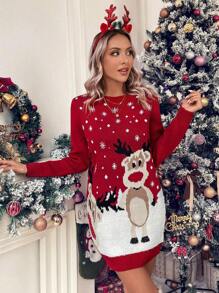 SHEIN LUNE Christmas Elk & Snowflake Pattern Sweater Dress - Multicolor - View 7