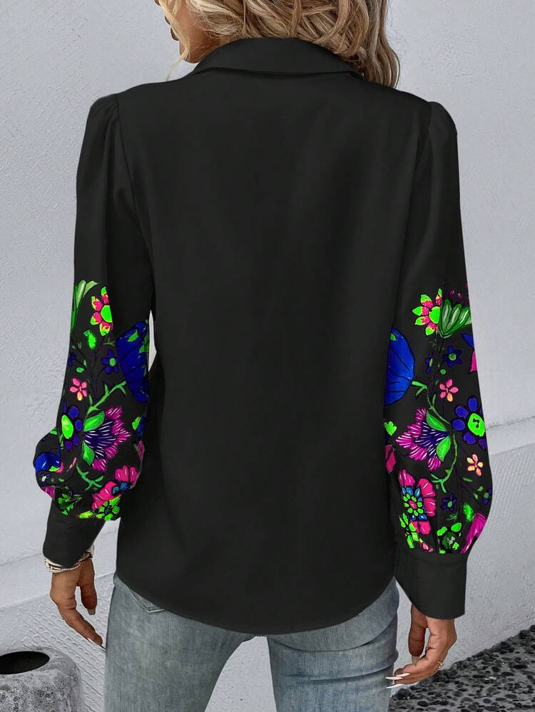 SHEIN LUNE Floral Print Lantern Sleeve Shirt - Black - View 2