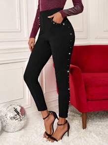 SHEIN Clasi 珍珠串珠高腰緊身打底褲 - 黑色 - 查看 4