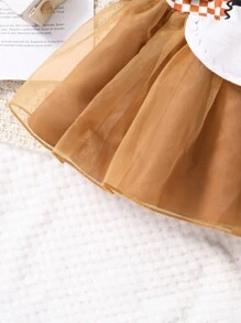 SHEIN Baby Girl Checkerboard Print Dress & Hooded Cape Coat & Scarf - Khaki - View 7