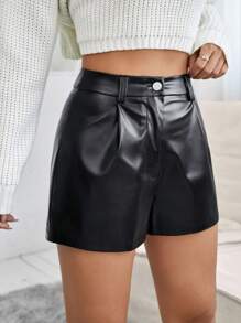 SHEIN PETITE Pu皮革黑色短褲 - 黑色 - 查看 4