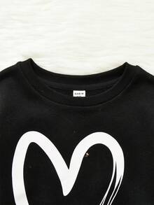 SHEIN Tween女孩織花撞色圓領休閒心形和豹紋印花運動連帽衫 - 黑色 - 查看 4