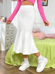 SHEIN MOD Chất rắn Nàng tiên cá Hem Váy dệt kim - trắng - Xem 3