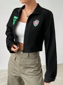 SHEIN EZwear 字母圖案拉鏈開襟短夾克 - 黑色 - 查看 6