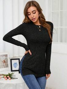 SHEIN Frenchy Viền chia cắt Đồ đan Ribbed Áo thun - màu đen - Xem 3