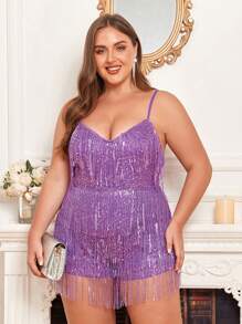 Double Crazy Plus Fringe Trim Sequin Cami Romper - Purple - View 1