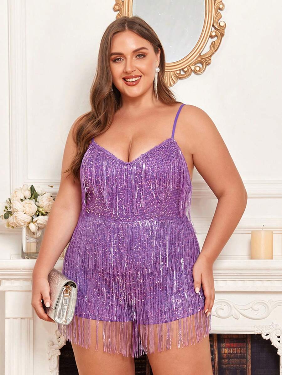 Double Crazy Plus Fringe Trim Sequin Cami Romper - Purple - View 1