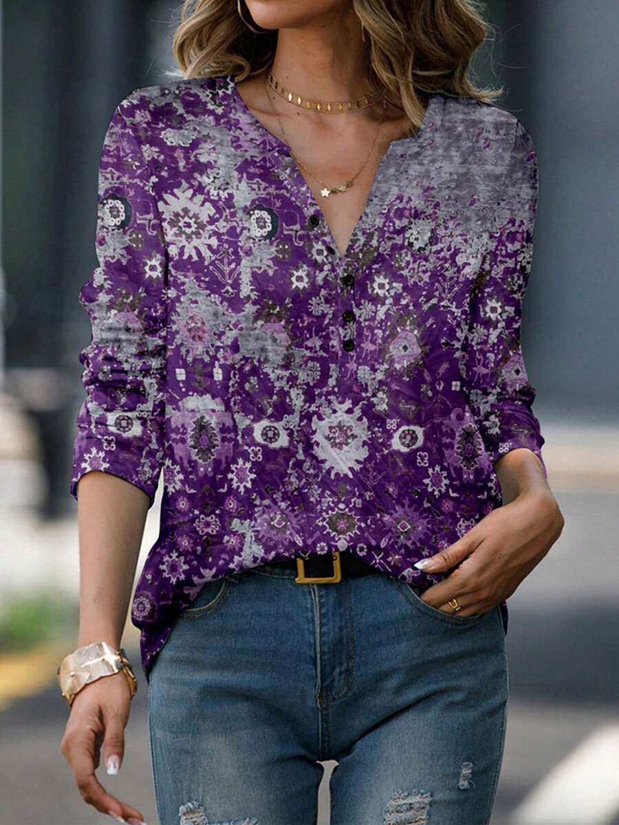 All Over Print Button Detail Notched Neck Tee - Purple - View 1