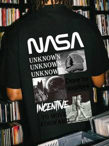 Manfinity Nam Phi hành gia & Đồ họa Khẩu hiệu Áo thun - màu đen - Xem 1