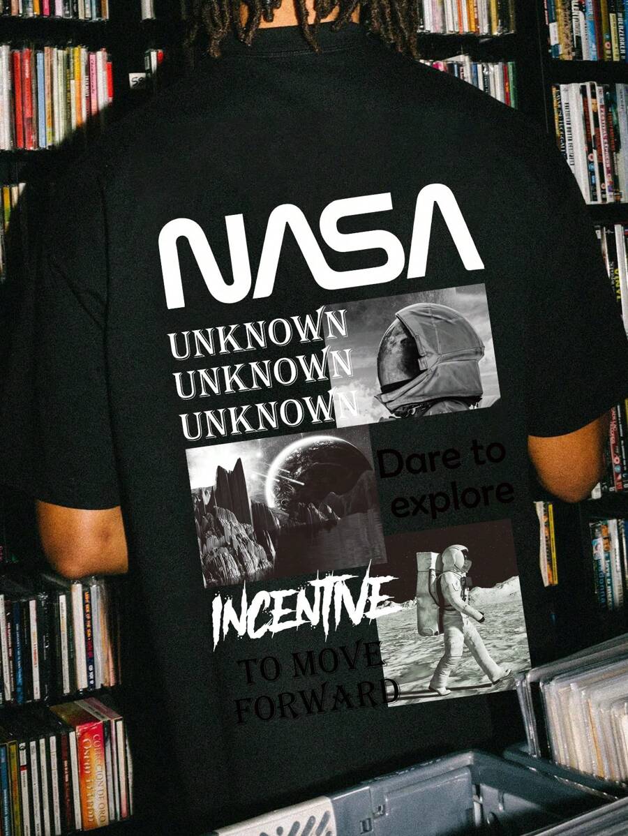 Manfinity Nam Phi hành gia & Đồ họa Khẩu hiệu Áo thun - màu đen - Xem 1