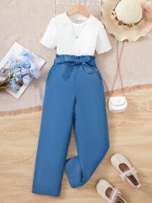 SHEIN 女大童T恤&紙袋腰腰帶長褲 - 白色 - 查看 1