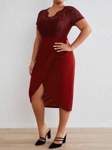 SHEIN Frenchy Plus Contrast Lace Wrap Hem Dress - Burgundy - View 4