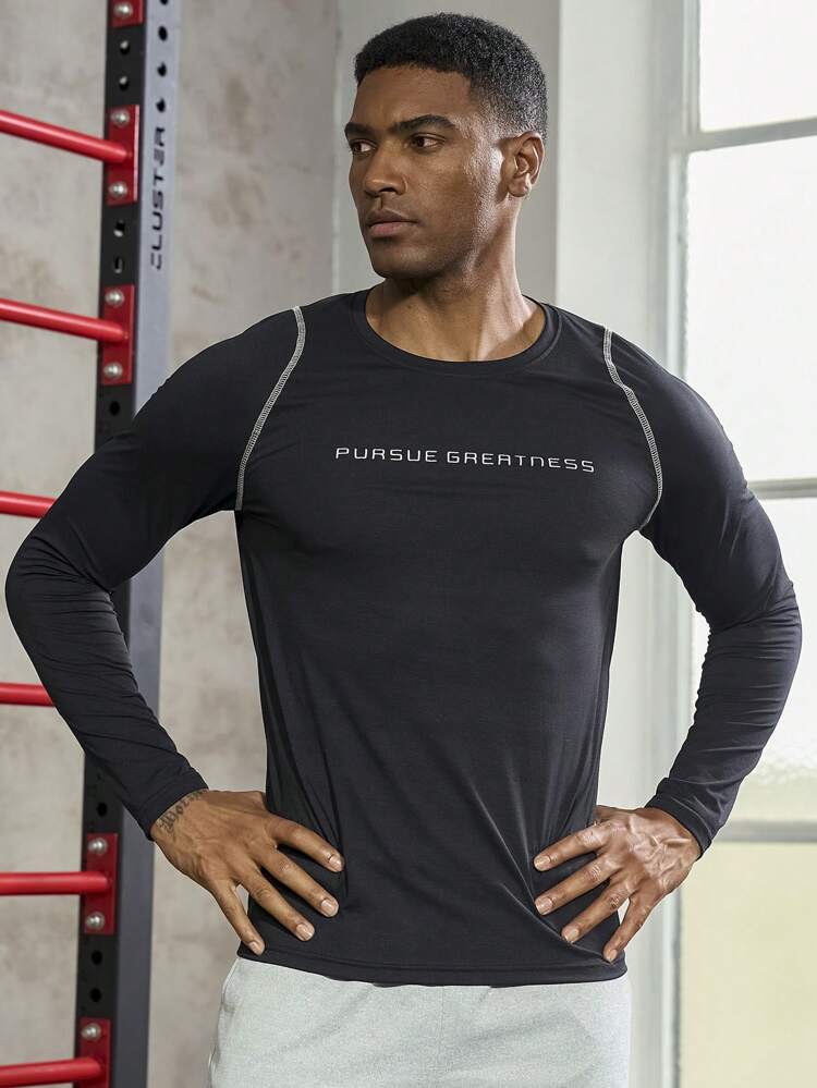 Men Slogan Graphic Top-Stitching Sports Tee Long Sleeve Shirt Compression Shirt Men