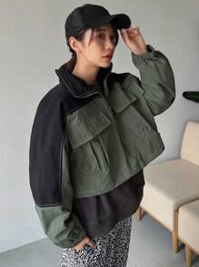 FRIFUL Two Tone Flap Pocket Drop Shoulder Zipper Jacket,Fall Clothes - Green - View 2