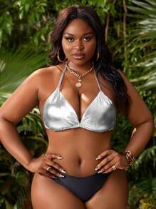Swim SXY Summer Beach Plus Metallic Tie Backless Halter Triangle Bikini Top