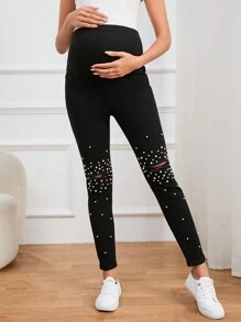SHEIN Maternity Pearls Beaded Ripped Skinny Jeans - Black - View 4