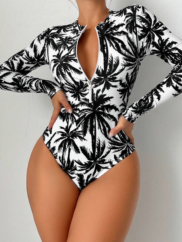 Swim SPRTY Summer Beach Palm Tree Print Zip Up One Piece Swimsuit
