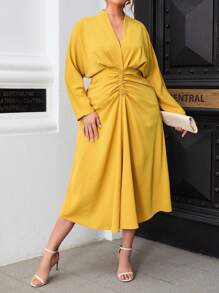 SHEIN Privé Plus Batwing Sleeve Ruched Front Dress - Yellow - View 6