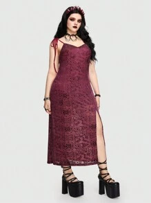 ROMWE PUNK 大碼肩上打結高衩吊帶洋裝 - 紅色 - 查看 1