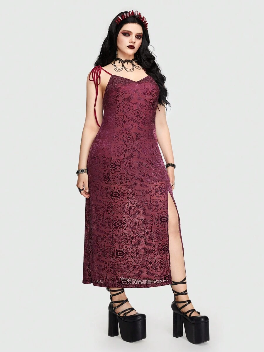 ROMWE PUNK 大碼肩上打結高衩吊帶洋裝 - 紅色 - 查看 1