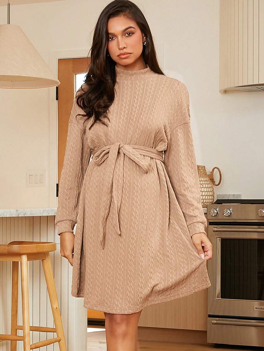 SHEIN Maternity Mock Neck Belted Dress - Khaki - View 1