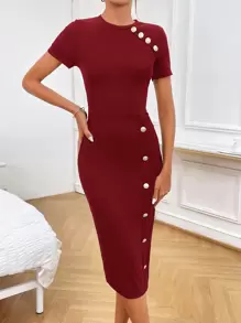 SHEIN Privé 紐扣細節緊身洋裝 - 酒紅色 - 查看 1