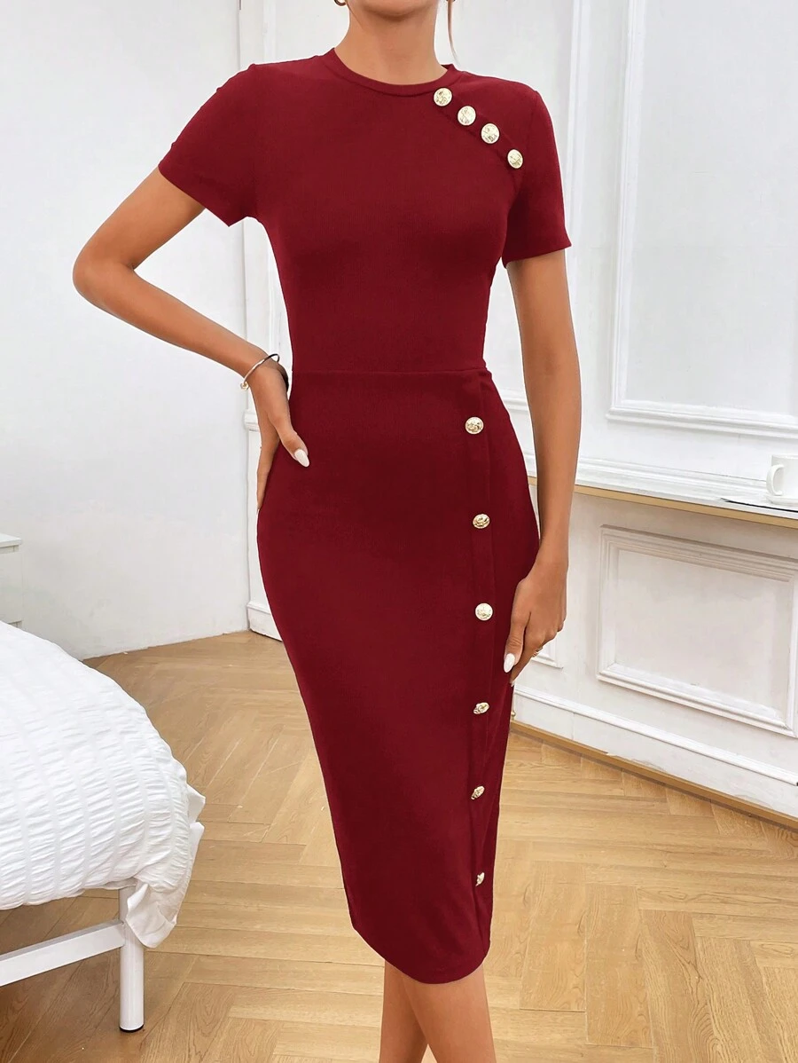 SHEIN Privé 紐扣細節緊身洋裝 - 酒紅色 - 查看 1