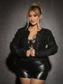 SHEIN SXY Solid Open Front Fuzzy Jacket
