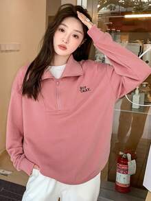 DAZY Đồ họa Chữ cái Một nửa khóa kéo Thả vai Áo chui đầu Oversized - Hồng - Xem 2