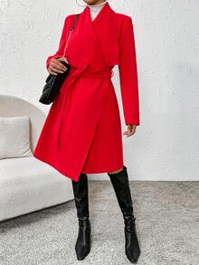 SHEIN Privé Waterfall Collar Belted Overcoat - Red - View 6