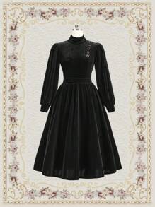 SHEIN DECDS 高領蘭花袖洋裝俱樂部女性套裝長洋裝帶袖子長黑裙復古服裝冬季連衣裙 - 黑色 - 查看 1