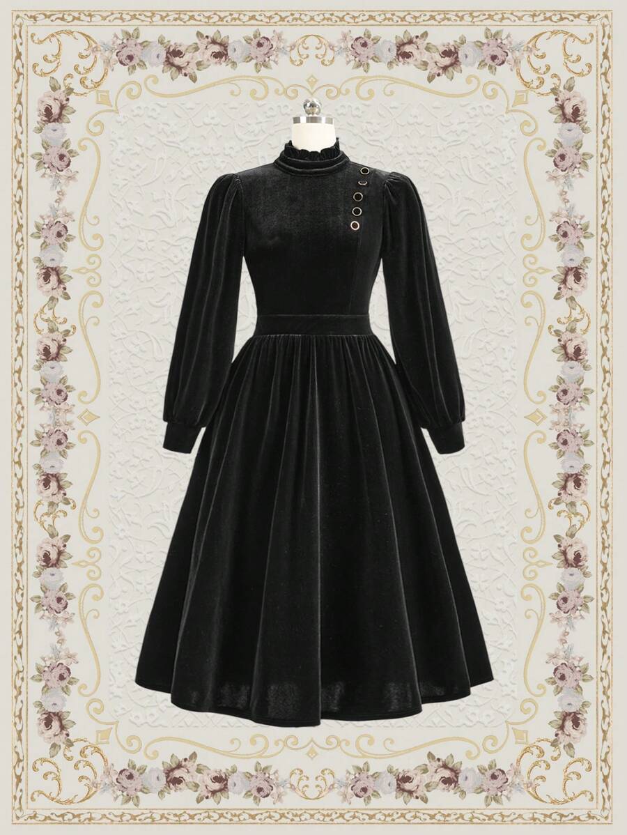 SHEIN DECDS 高領蘭花袖洋裝俱樂部女性套裝長洋裝帶袖子長黑裙復古服裝冬季連衣裙 - 黑色 - 查看 1