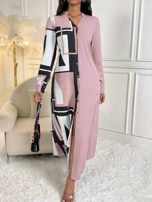 SHEIN Lady Geo Print Button Front Shirt Dress - Baby Pink - View 4