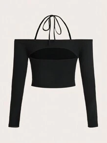 SHEIN EZwear 大碼鏤空後綁帶T恤 - 黑色 - 查看 2