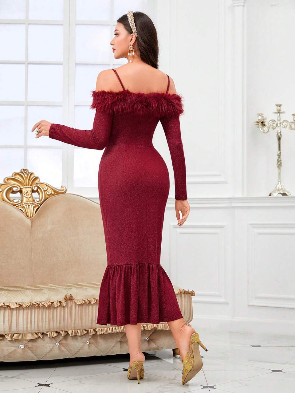 Burgundy Red Fuzzy Trim Cold Shoulder Mermaid Hem Glitter Dress