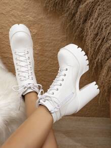 Women's Fashionable Boots Autumn Winter 2023 New British Style Motorcycle Ankle Boots With Chunky Heels, Versatile Platform Thick High Heels Shoes, Boots For Women - White - View 6