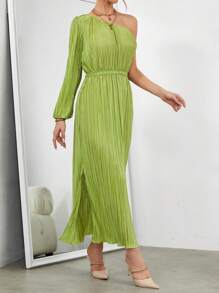 SHEIN Privé One Shoulder Lantern Sleeve Plisse Belted Dress - Green - View 3