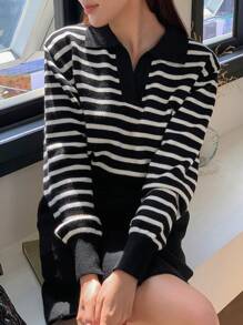 Striped Pattern Drop Shoulder Sweater - Black and White - View 2