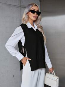 SHEIN Privé Split Knot Side Sweater Vest Without Blouse, Fall And Winter, Casual, Blackand, White - Black - View 3